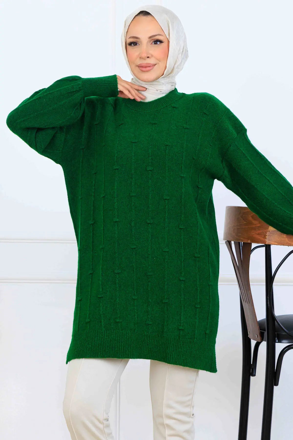 Patterned Knit Tunic | Khaki – NEOMODEST, image 3