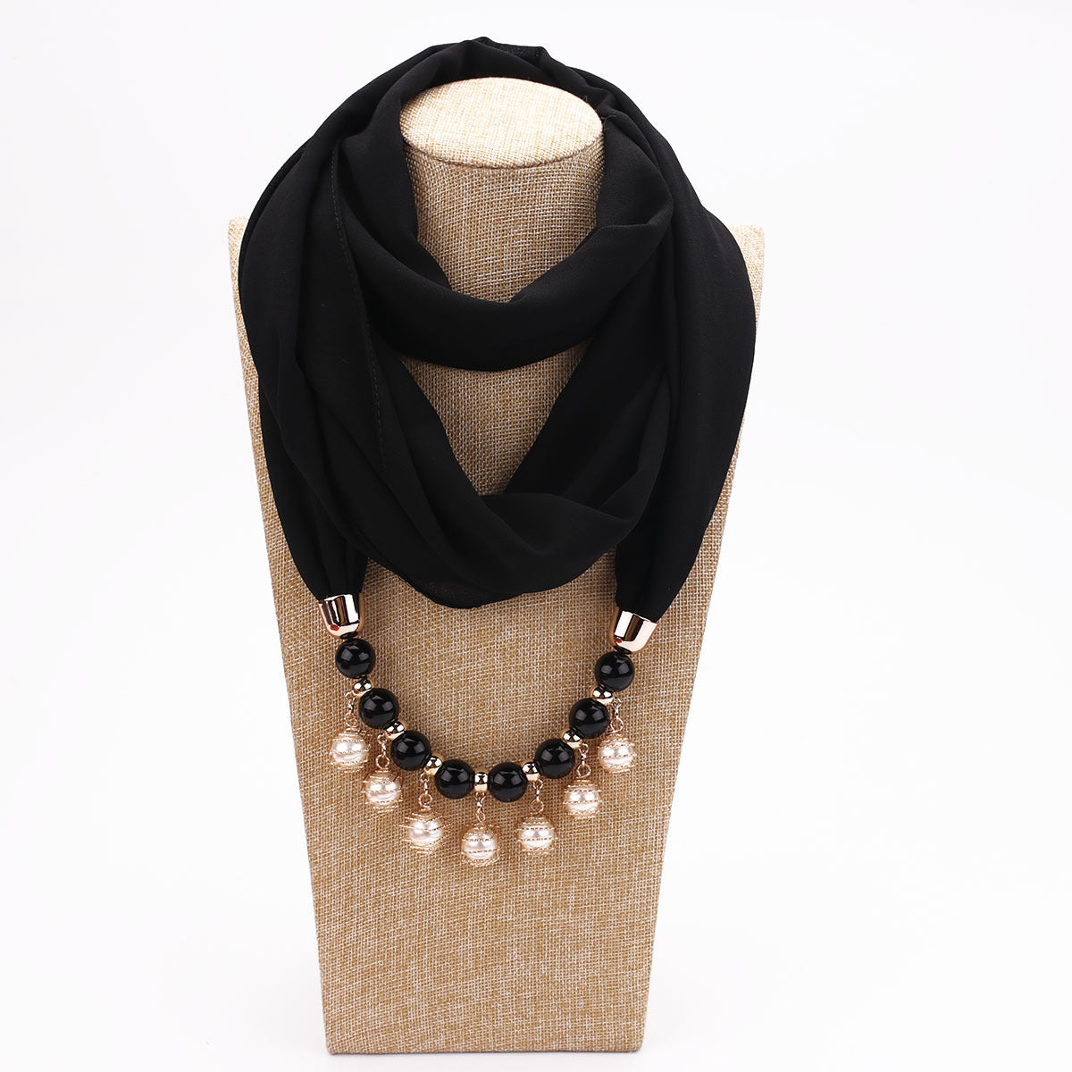Pearl Chiffon Necklace Scarf Bib - Black - Scarf