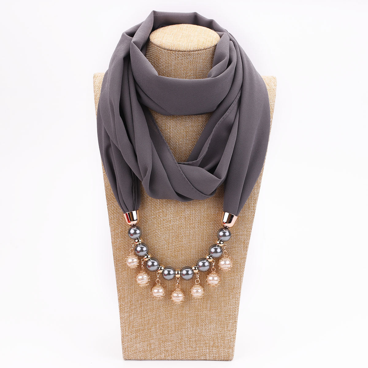 Pearl Chiffon Necklace Scarf Bib - Dark grey - Scarf