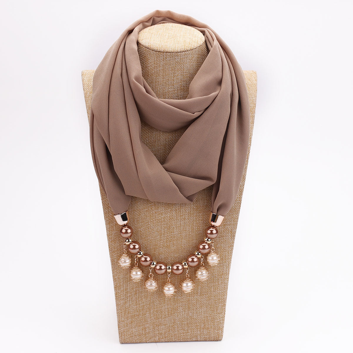 Pearl Chiffon Necklace Scarf Bib - Dark khaki - Scarf