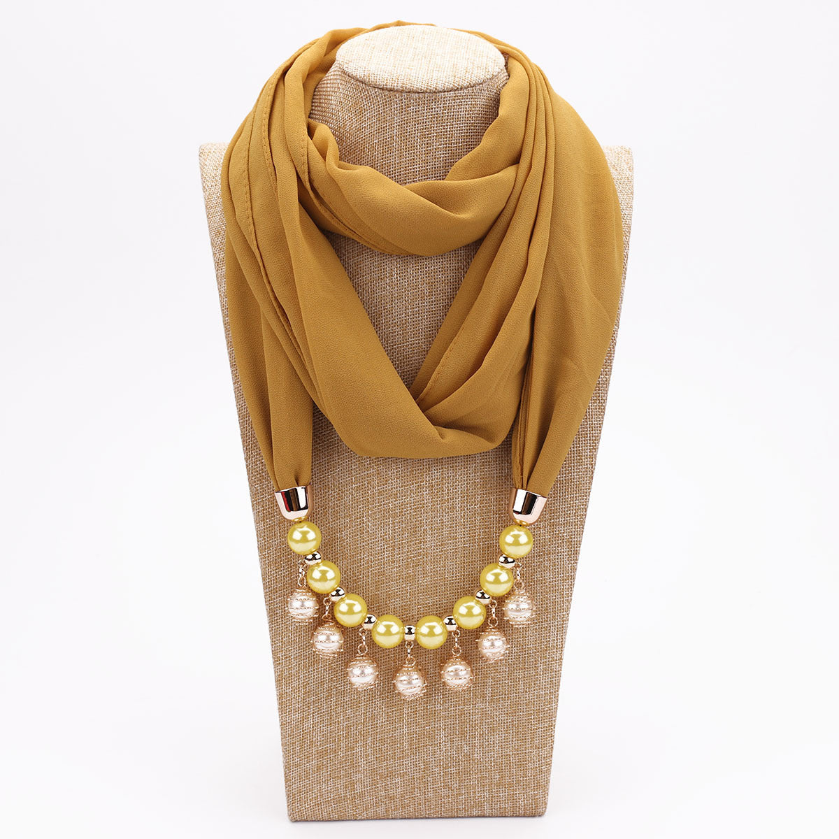 Pearl Chiffon Necklace Scarf Bib - Leaf yellow - Scarf