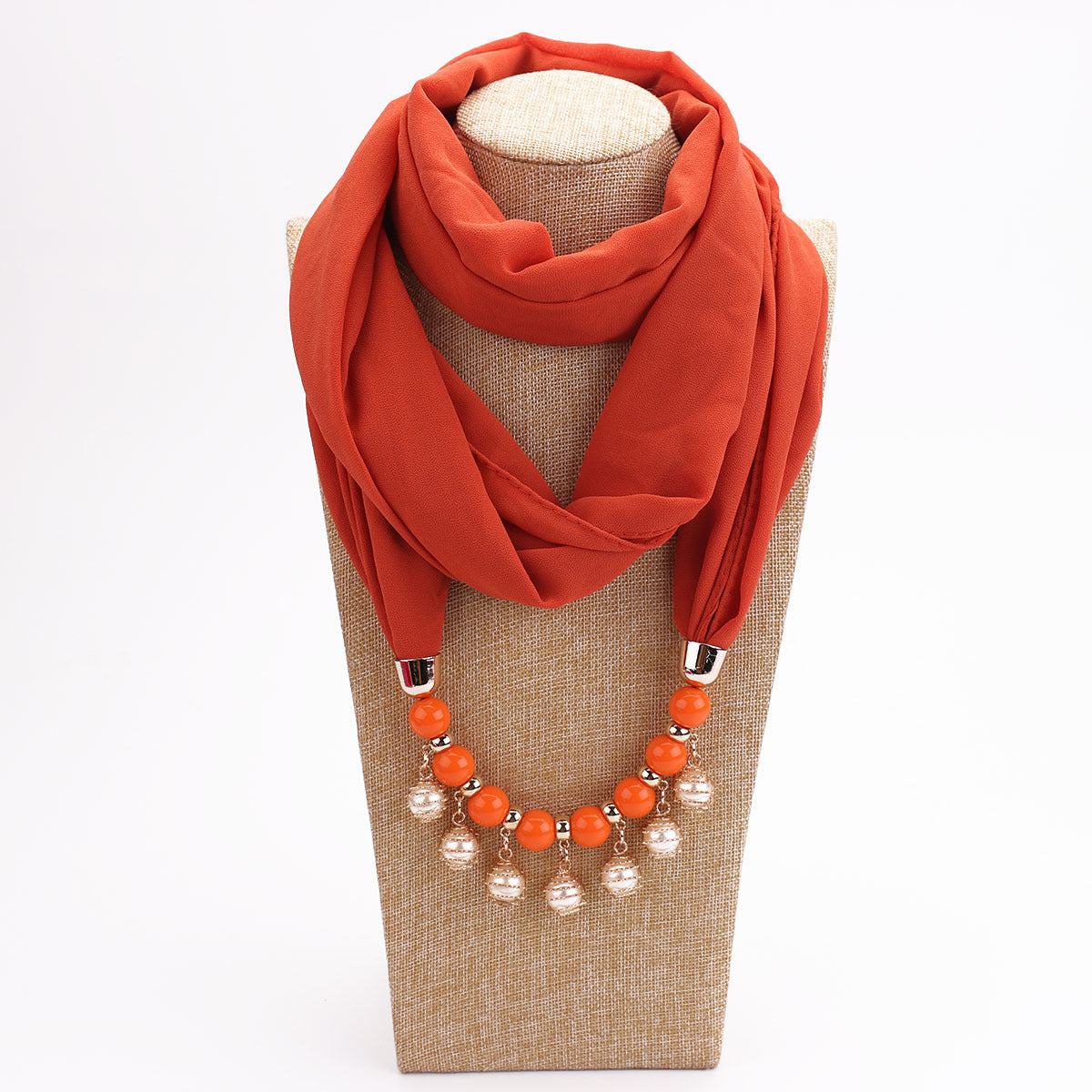 Pearl Chiffon Necklace Scarf Bib - Orange - Scarf