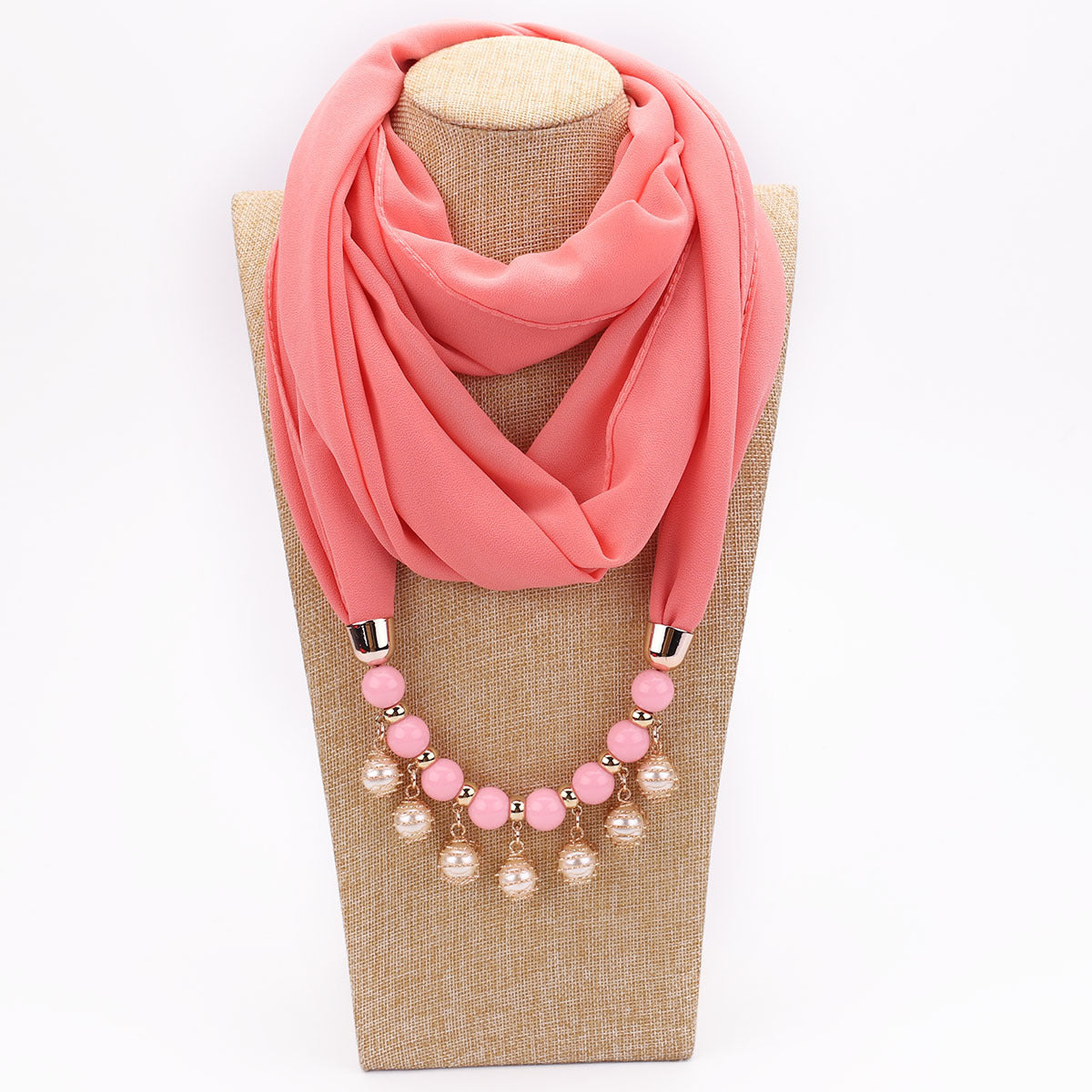 Pearl Chiffon Necklace Scarf Bib - Pink - Scarf