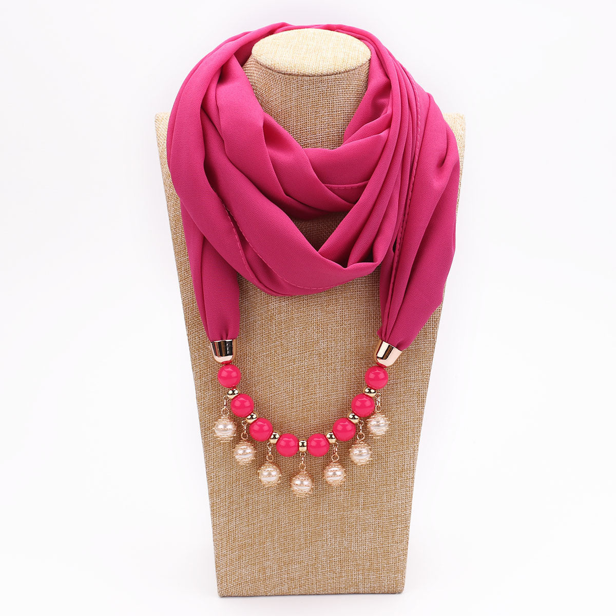 Pearl Chiffon Necklace Scarf Bib - Rose Red - Scarf