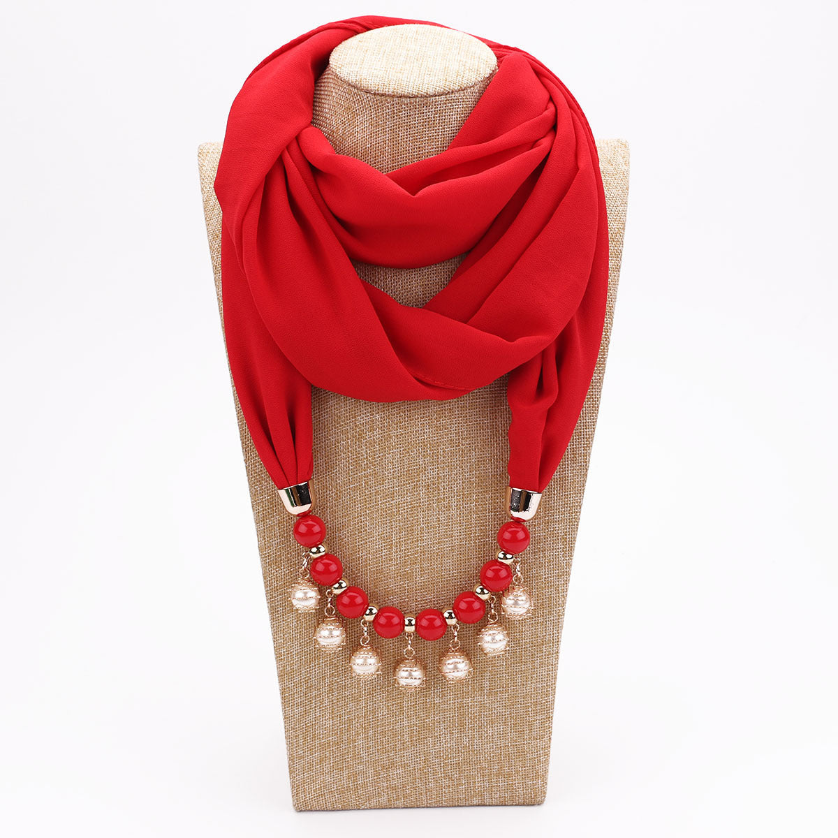 Pearl Chiffon Necklace Scarf Bib - Scarlet - Scarf