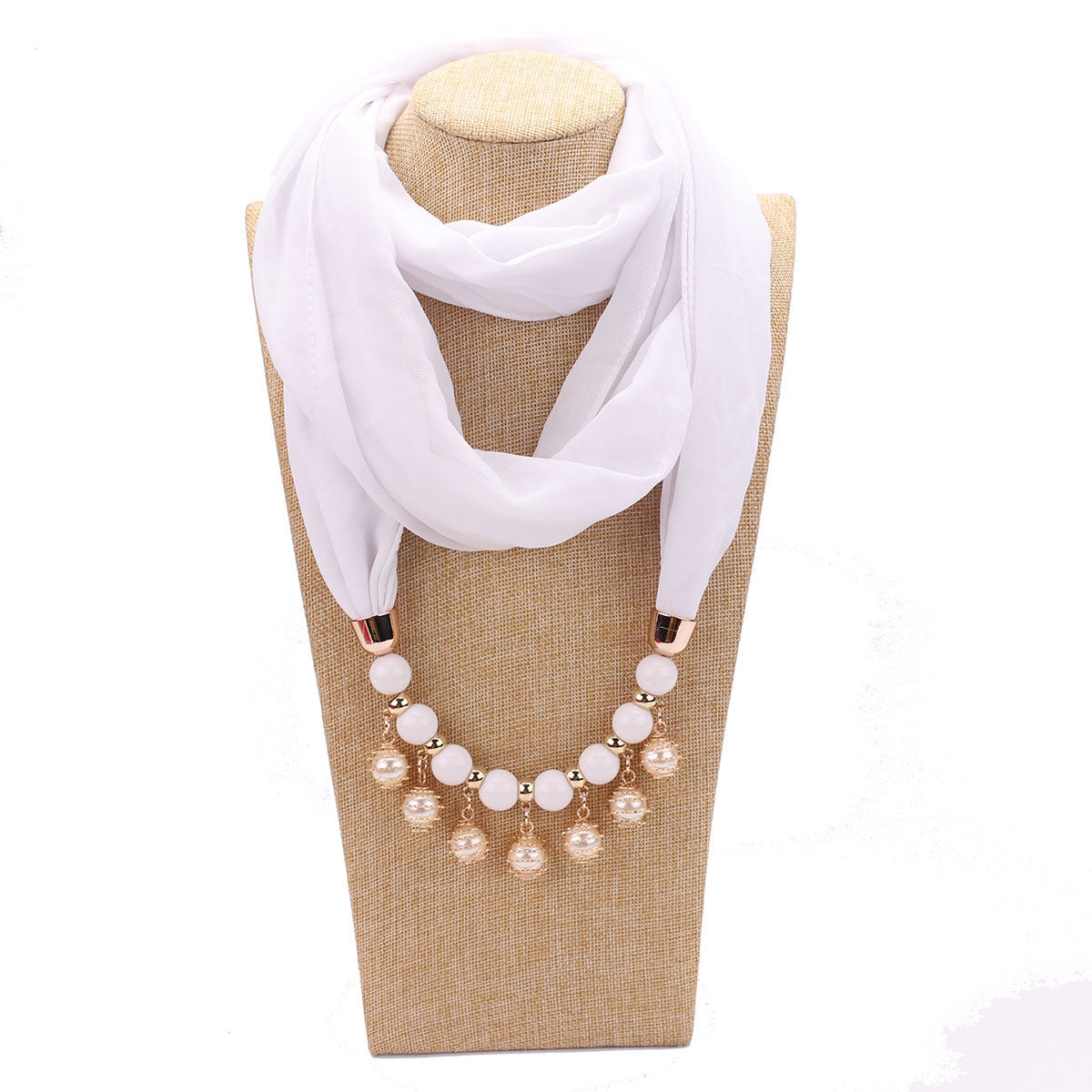 Pearl Chiffon Necklace Scarf Bib - White - Scarf