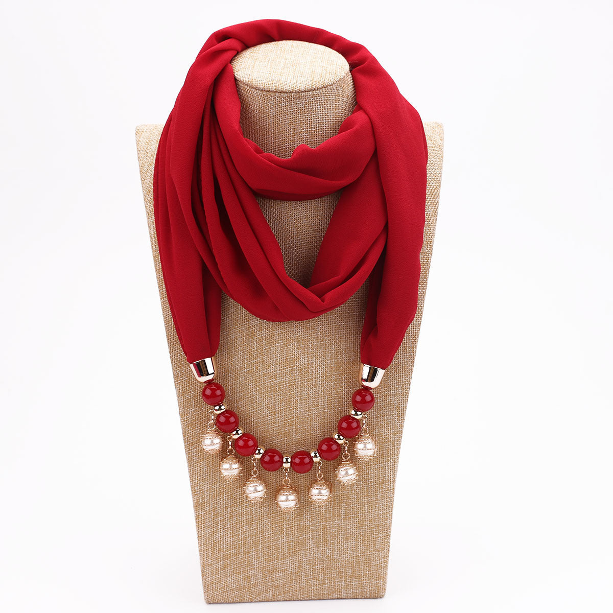 Pearl Chiffon Necklace Scarf Bib - Wine Red - Scarf