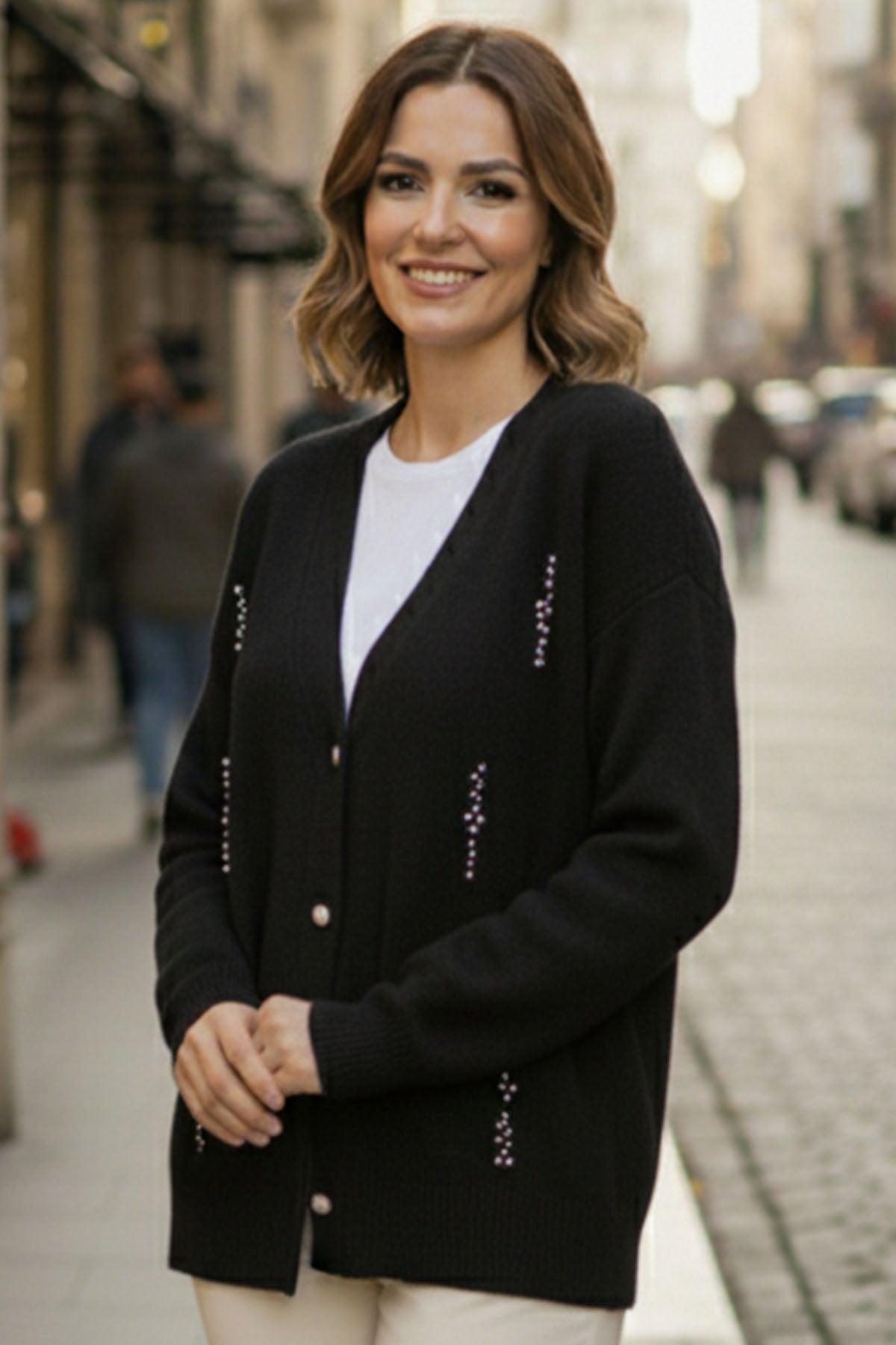 Pearl Detailed Knit Cardigan | Black – NEOMODEST product image 1