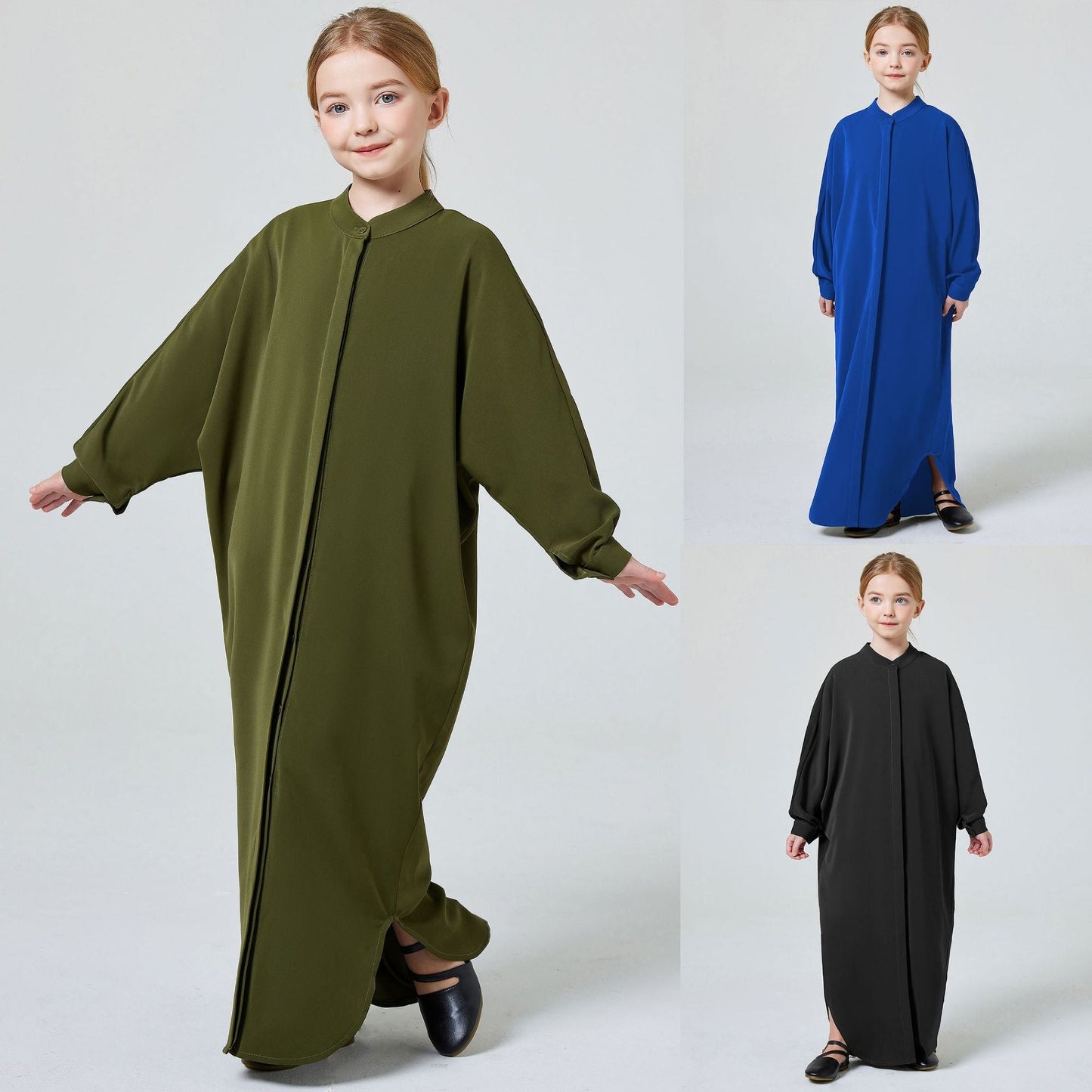 Premium Kids’ Abaya Turkish Abaya for Girls Middle Eastern Solid Colour Stand-up Collar Buttoned Robe - Kids’ Abaya