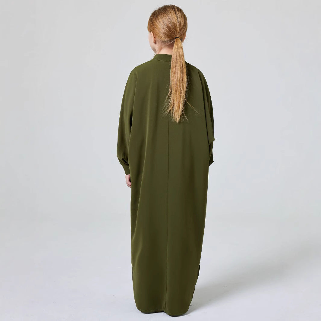 Premium Kids’ Abaya Turkish Abaya for Girls Middle Eastern Solid Colour Stand-up Collar Buttoned Robe - Kids’ Abaya