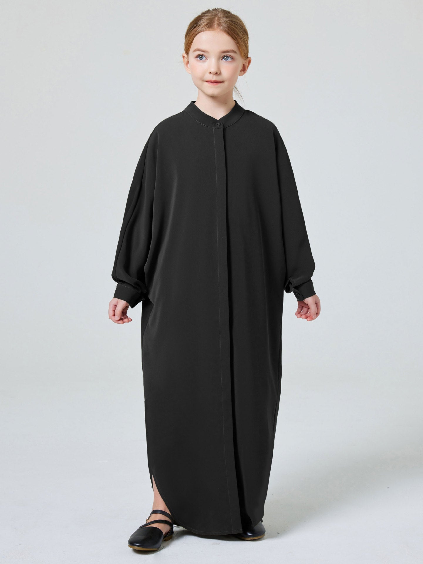 Premium Kids’ Abaya Turkish Abaya for Girls Middle Eastern Solid Colour Stand-up Collar Buttoned Robe - Kids’ Abaya