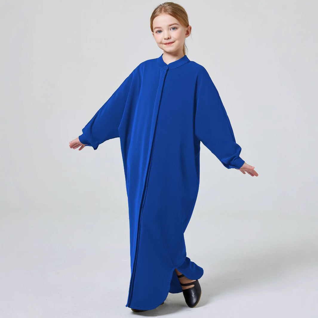 Premium Kids’ Abaya Turkish Abaya for Girls Middle Eastern Solid Colour Stand-up Collar Buttoned Robe - Kids’ Abaya