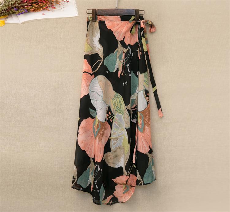 Printed Lace-up Wrap Skirt With Slits - Begonia / One size