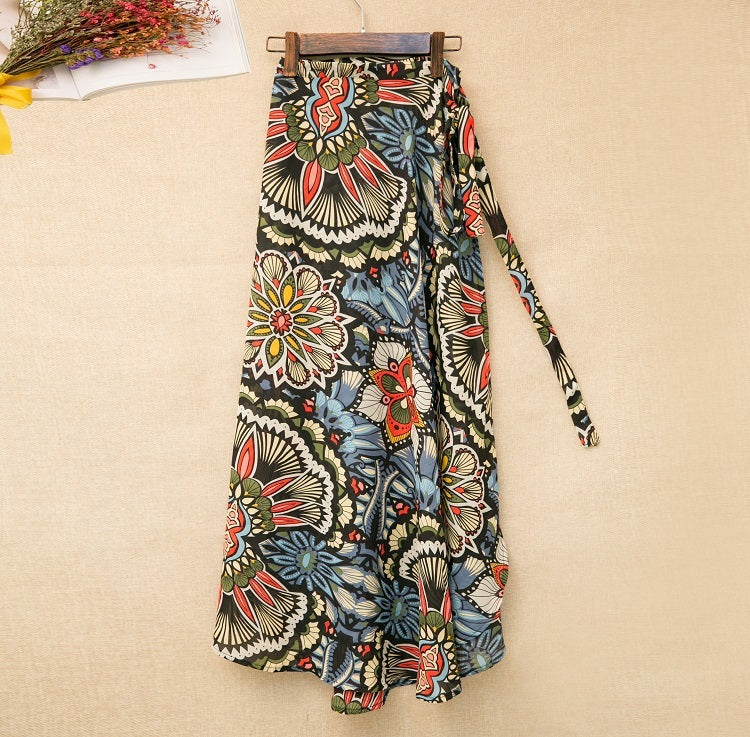 Printed Lace-up Wrap Skirt With Slits - Flower group3style / One size