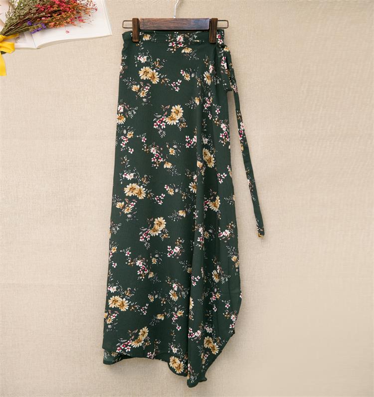 Printed Lace-up Wrap Skirt With Slits - Green / One size