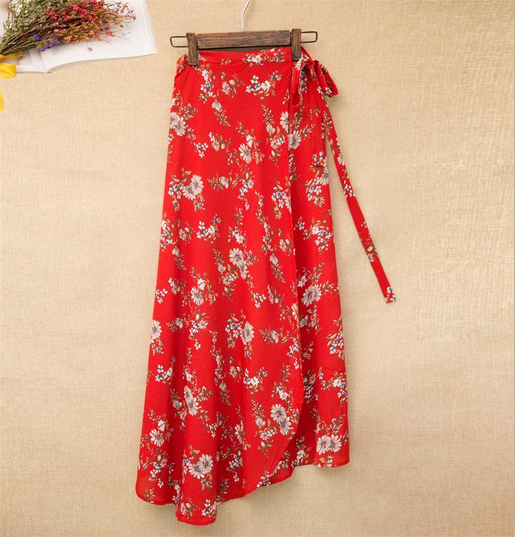 Printed Lace-up Wrap Skirt With Slits - Red / One size