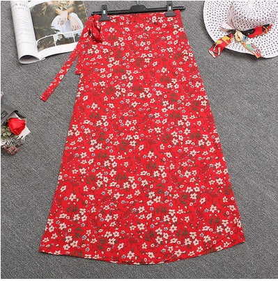 Printed Lace-up Wrap Skirt With Slits - Red sky / One size