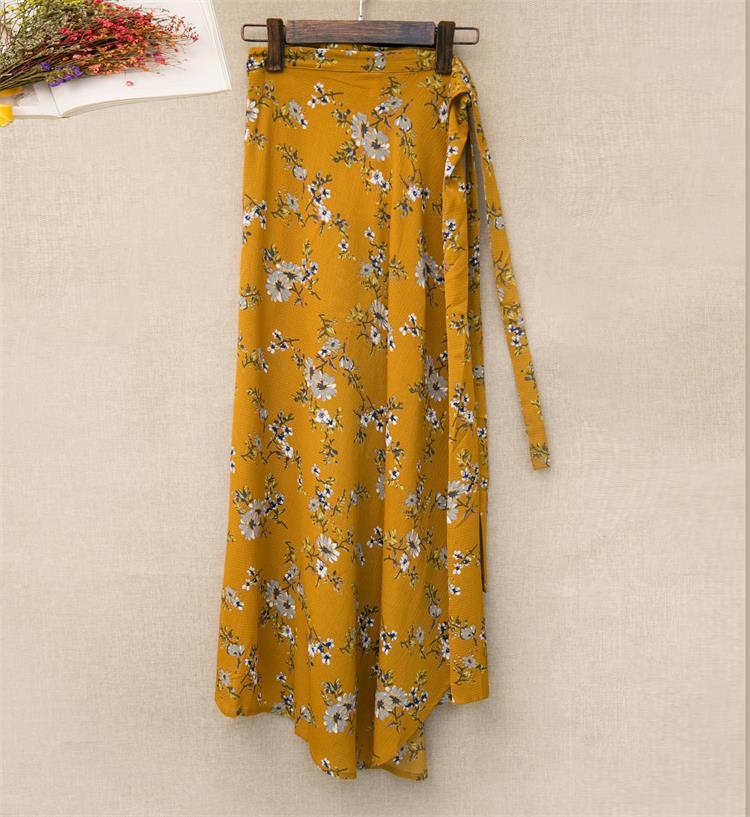 Printed Lace-up Wrap Skirt With Slits - Yellow / One size