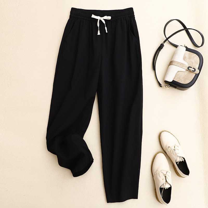 Pure Cotton Mid Waist Casual Cropped Pants - Black / 2XL - Trousers