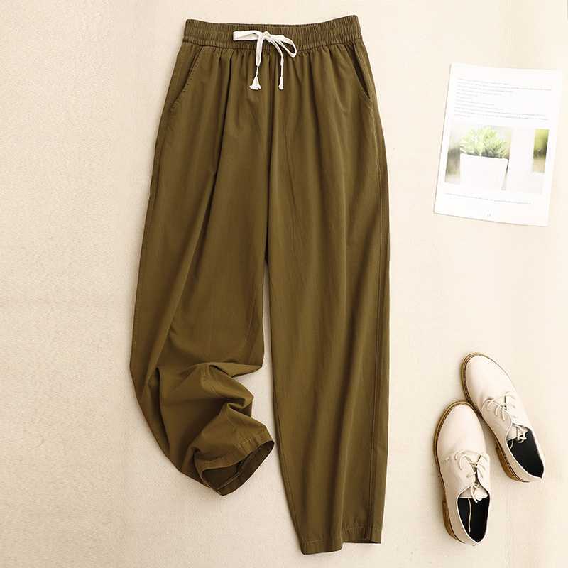 Pure Cotton Mid Waist Casual Cropped Pants - Dark Brown / 2XL - Trousers