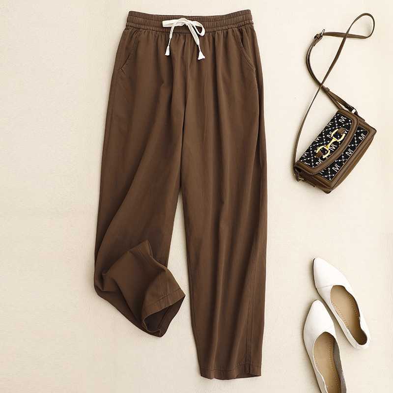 Pure Cotton Mid Waist Casual Cropped Pants - Trousers
