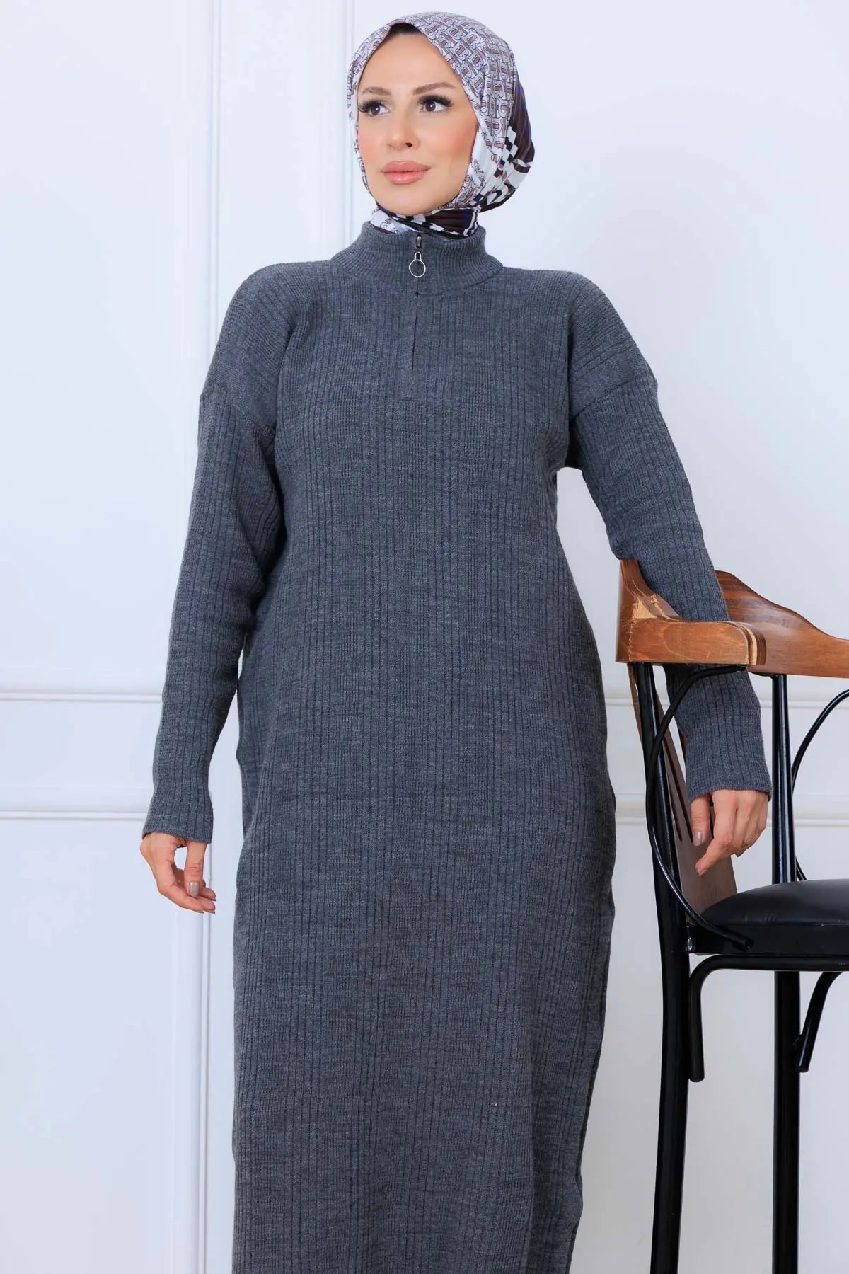 Ribbed Knit Dress | Grey – NEOMODEST product image 2