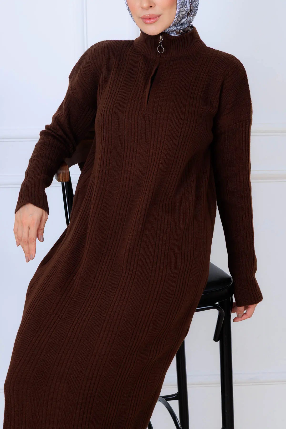 Ribbed Knit Dress | Brown – NEOMODEST product image 3