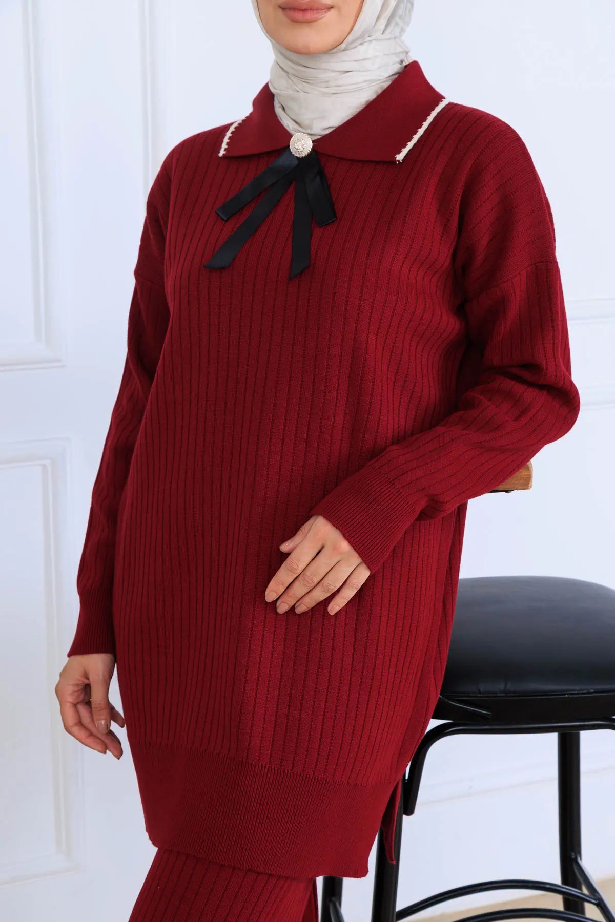 Ribbon Detail Knitwear Set | Claret Red – NEOMODEST, image 2