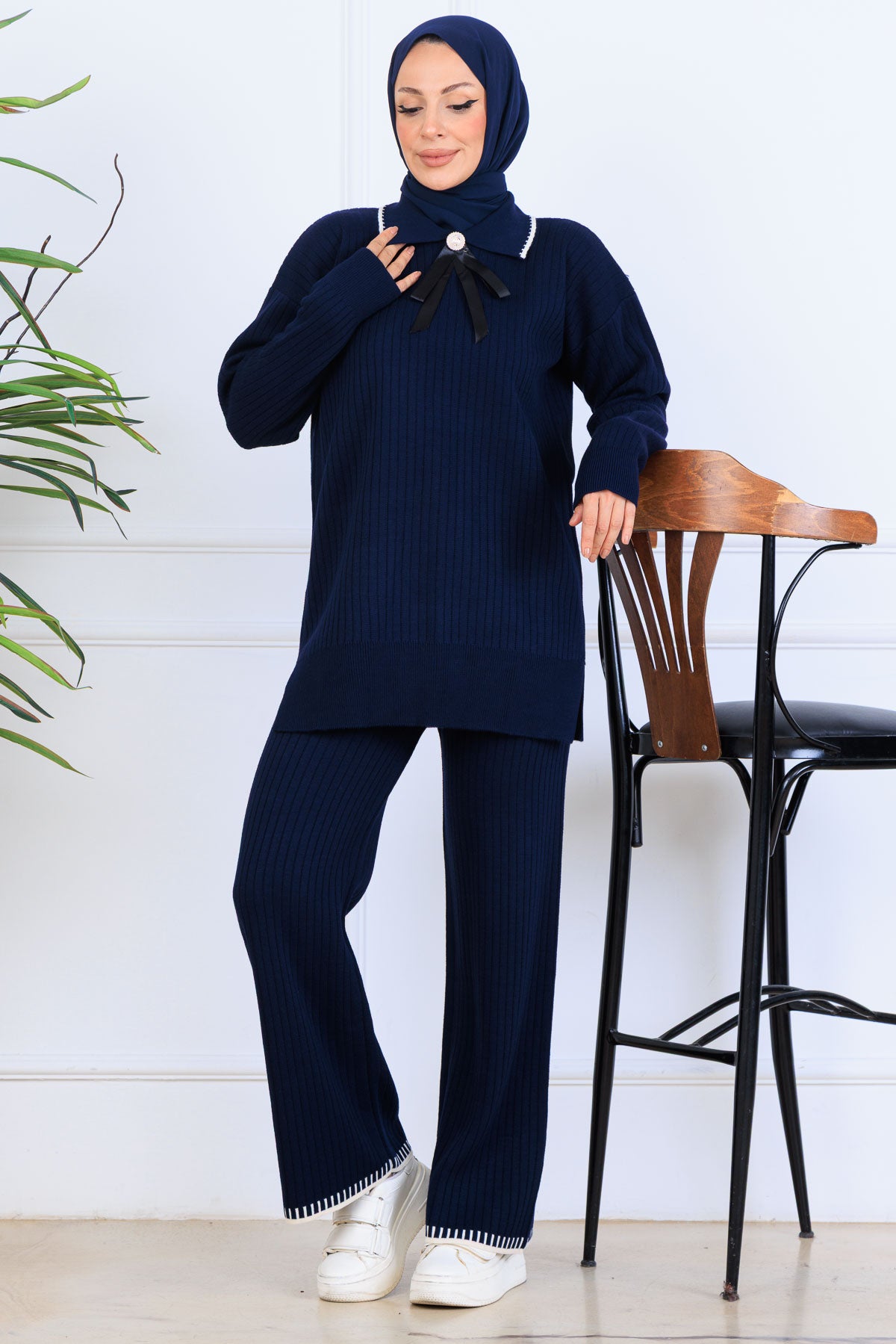 Ribbon Detail Knitwear Set | Navy Blue – NEOMODEST, image 1