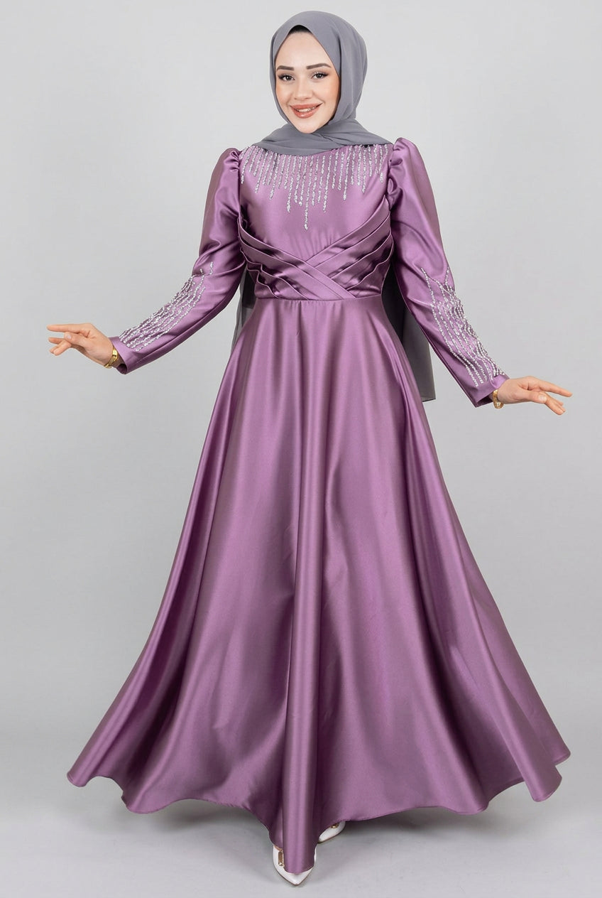 Satin Evening Dress With Stone Detail On Collar And Sleeves