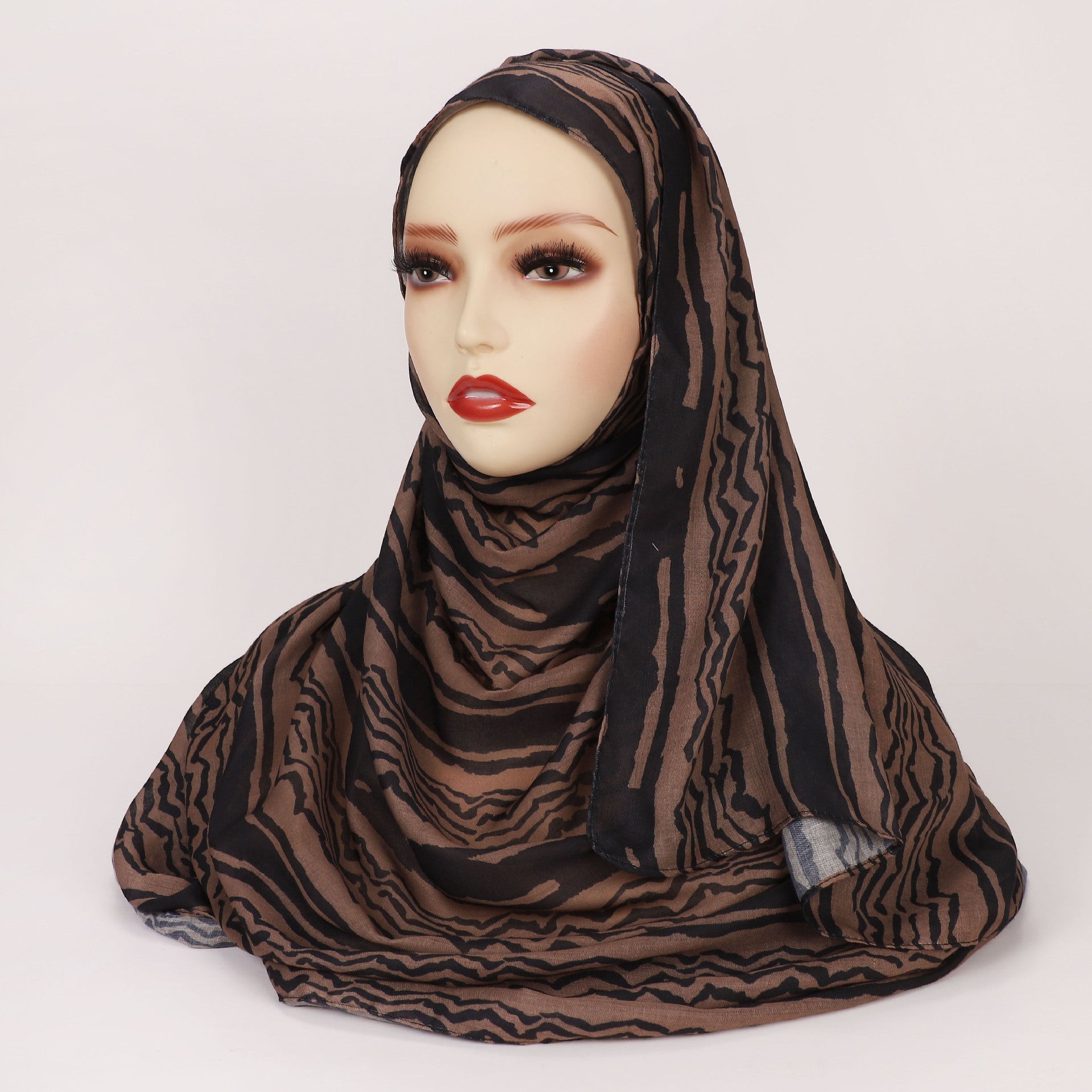 Satin Polyester Printed Striped Scarf - Dark Brown / Above 175cm - Hijab