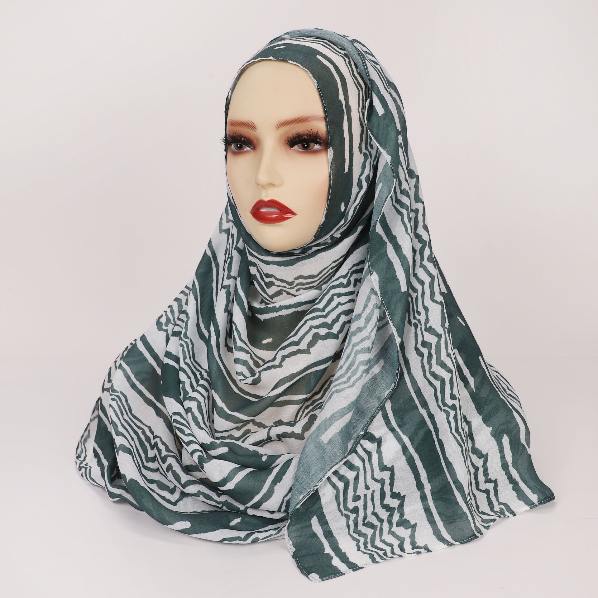 Satin Polyester Printed Striped Scarf - Peacock Green / Above 175cm - Hijab