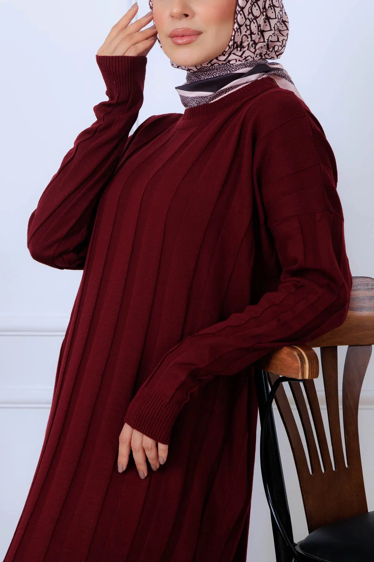 Self-striped Knit Dress | Claret Red – NEOMODEST product image 3