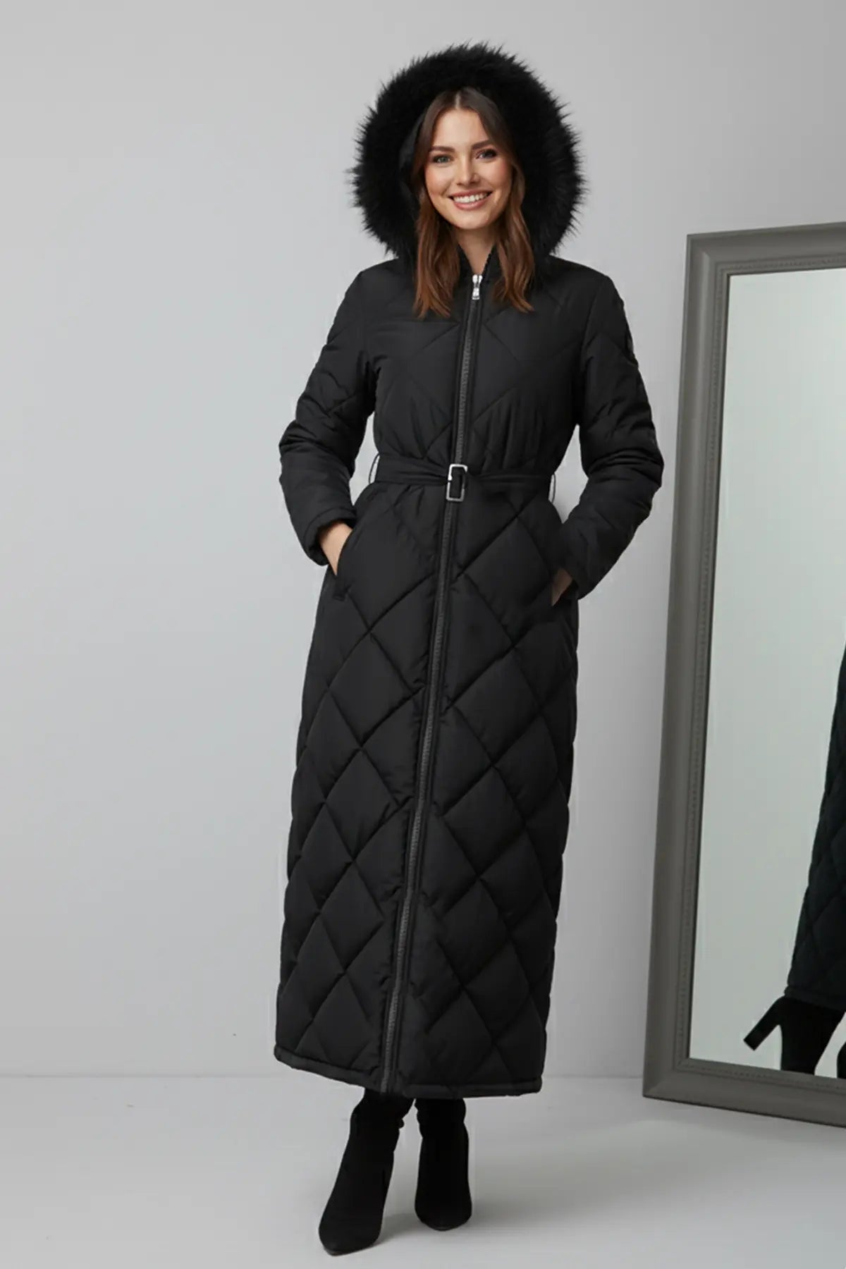 Shiny Quilted Belted Long Coat | Black – NEOMODEST product image 5