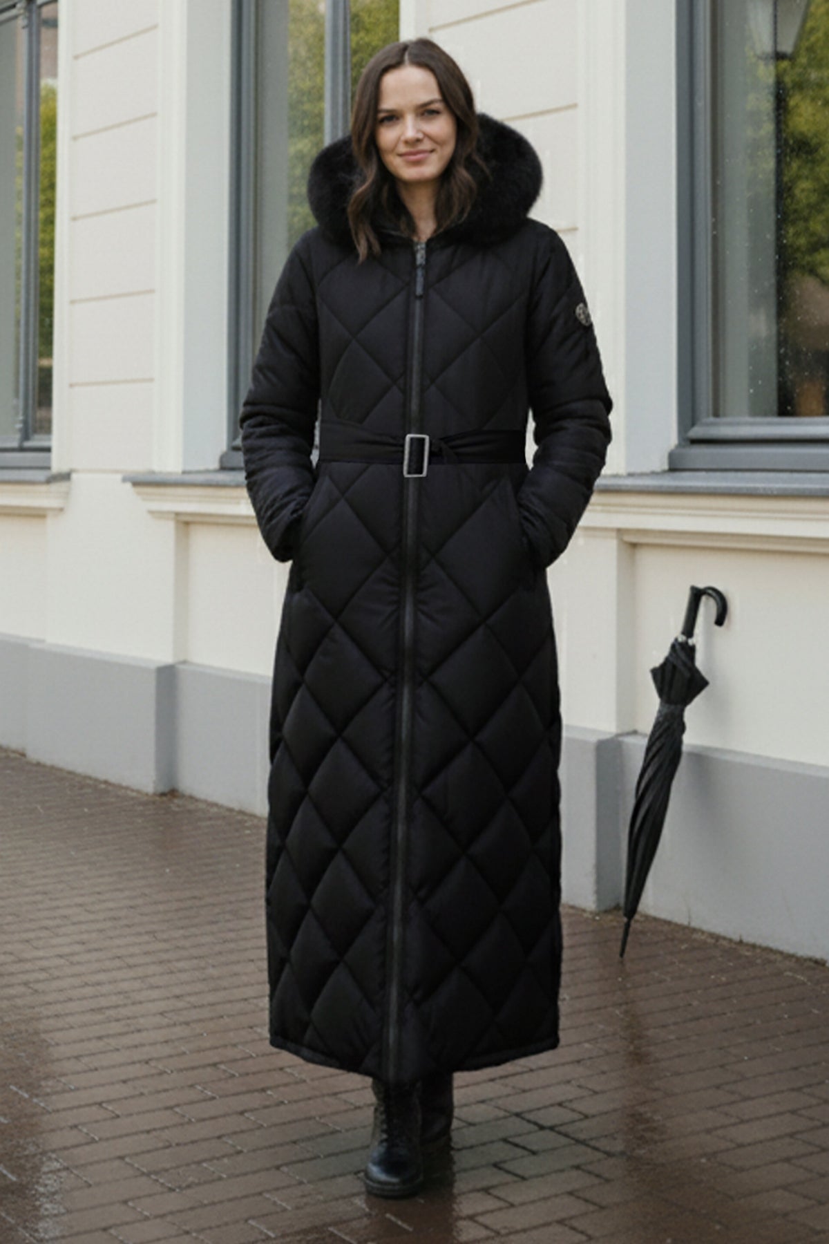 Shiny Quilted Belted Long Coat | Black – NEOMODEST product image 1