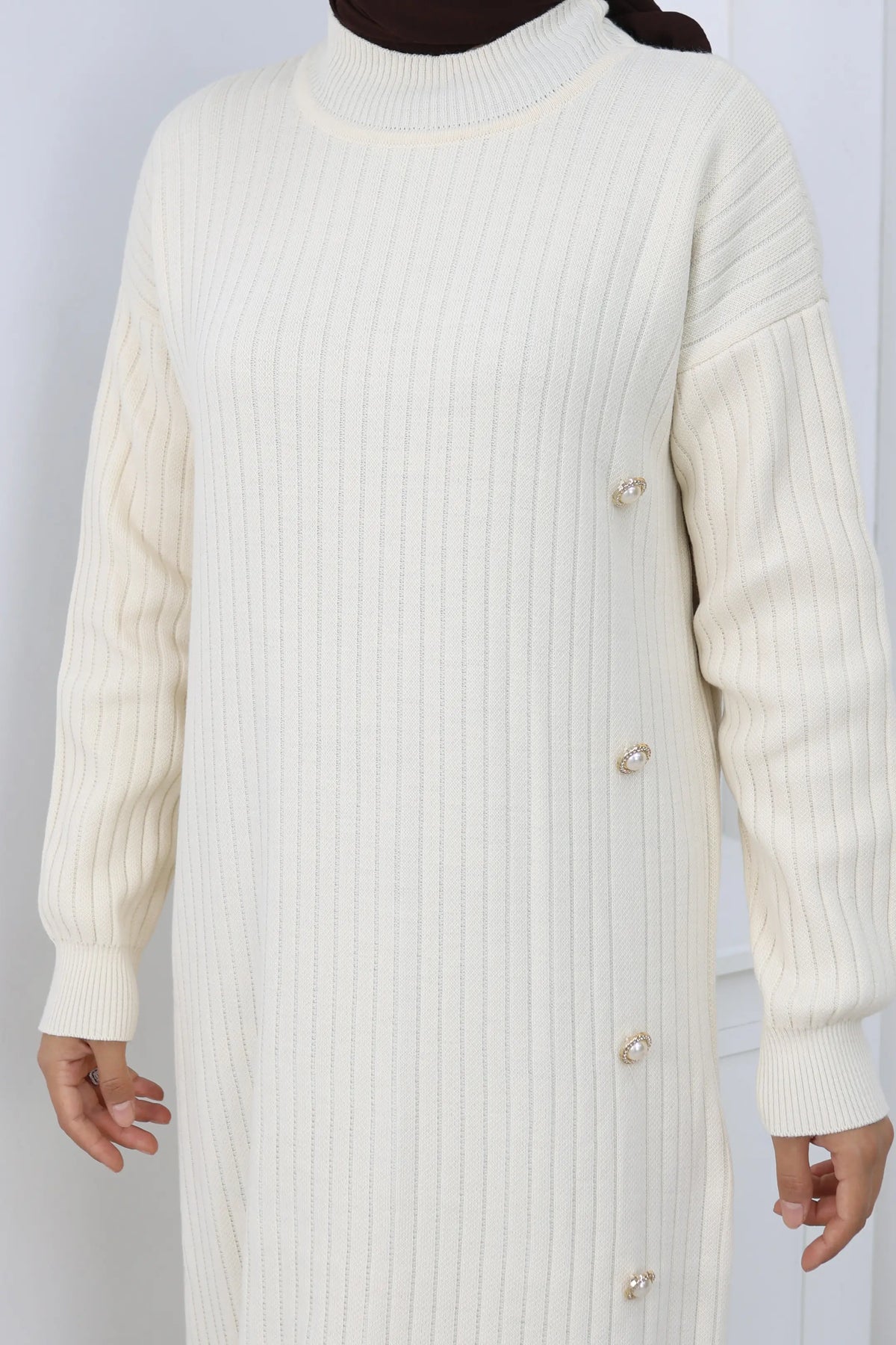 Side Button Ruffle Dress | Beige – NEOMODEST product image 4