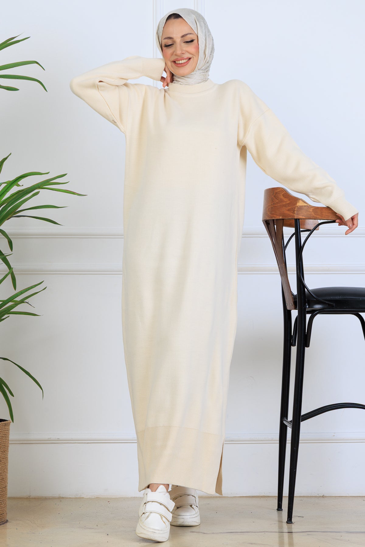 Slit Detailed Knit Dress | Beige – NEOMODEST product image 1