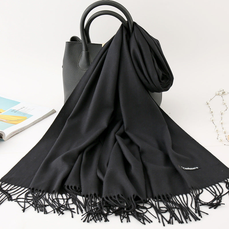 Solid Colour Imitation Cashmere Scarf Women’s Tassel Scarf - WJ18-39 Black / 200*70cm - Cashmere Shawl