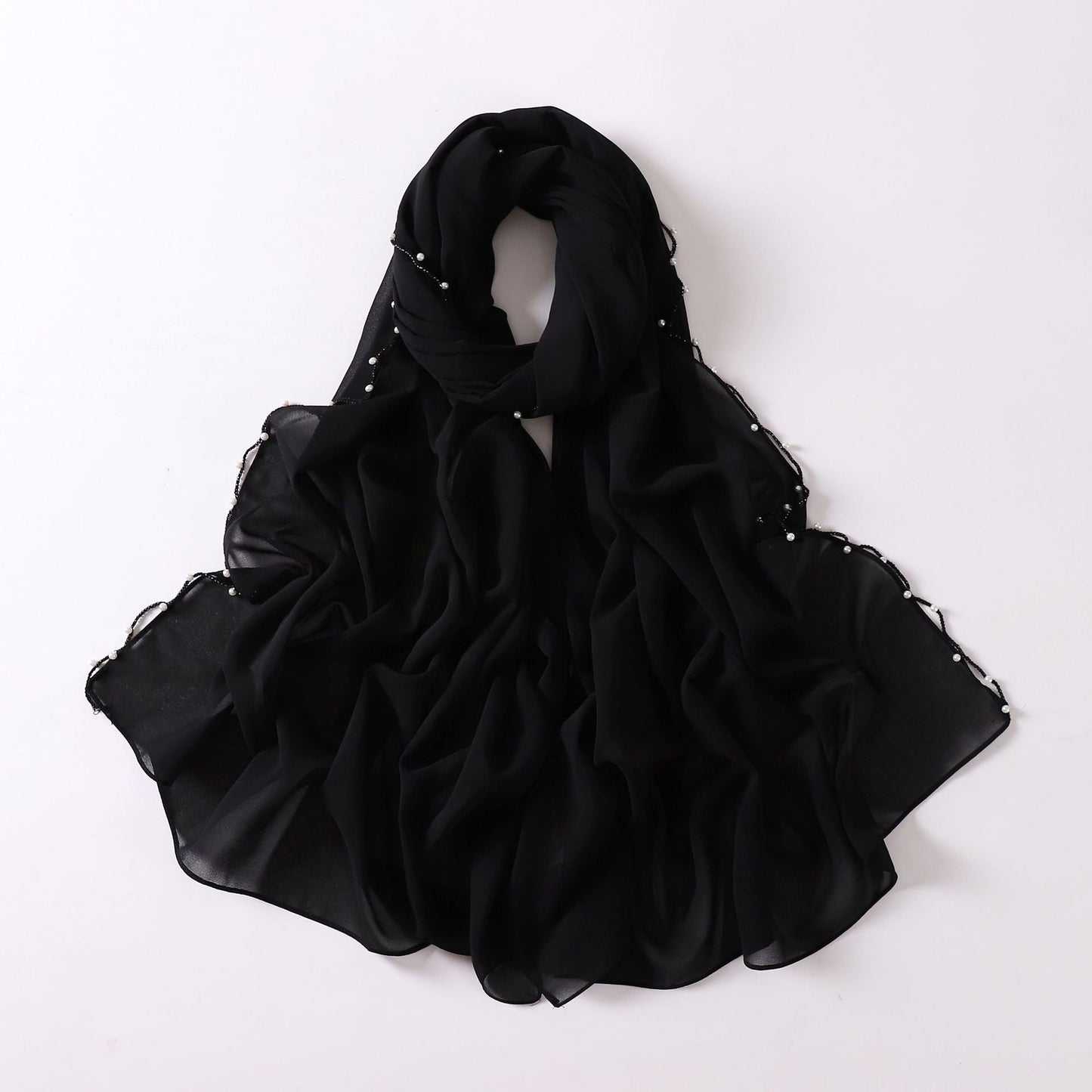 Solid Colour Pearl Chiffon Scarf Wavy Edge Beaded Scarf Ethnic Scarf Malay Headscarf Middle East and African Hijab