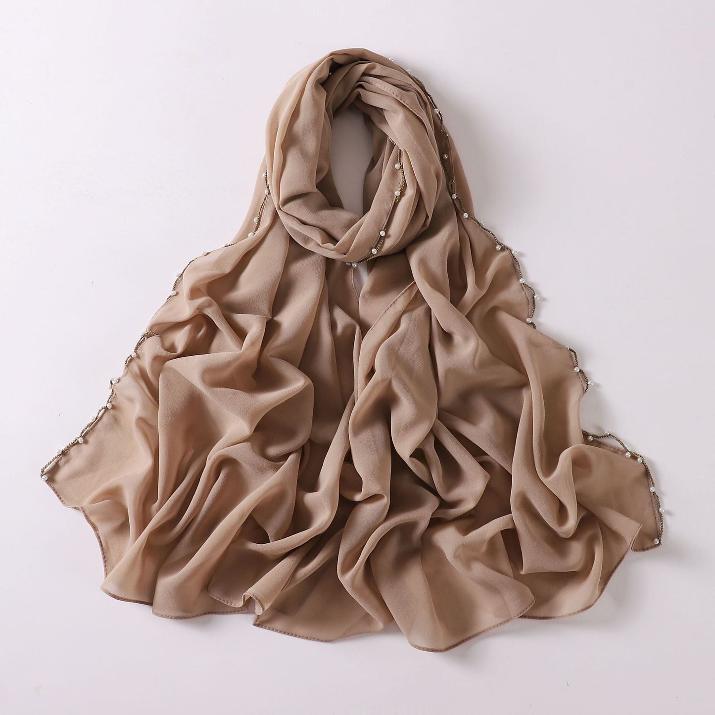 Solid Colour Pearl Chiffon Scarf Wavy Edge Beaded Scarf Ethnic Scarf Malay Headscarf Middle East and African Hijab