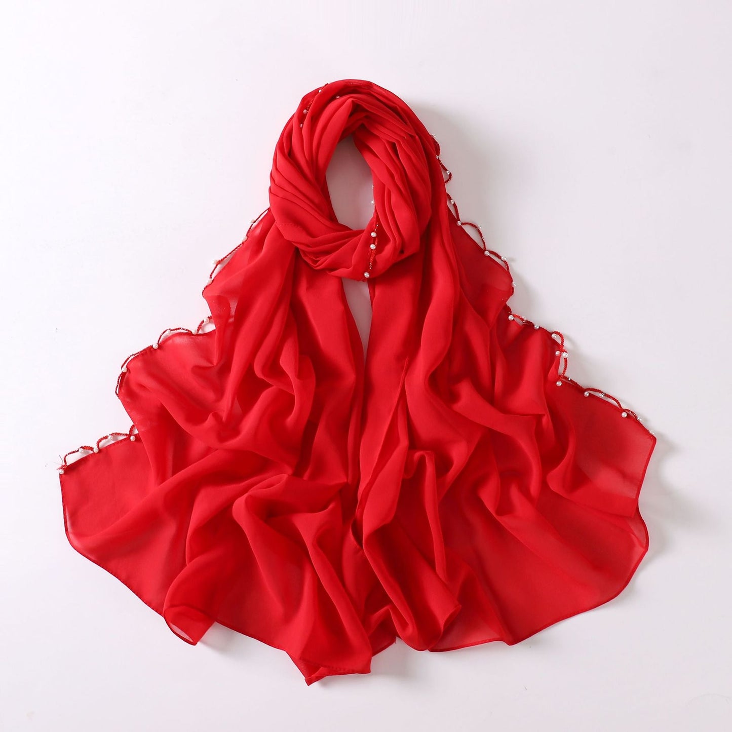 Solid Colour Pearl Chiffon Scarf Wavy Edge Beaded Scarf Ethnic Scarf Malay Headscarf Middle East and African Hijab