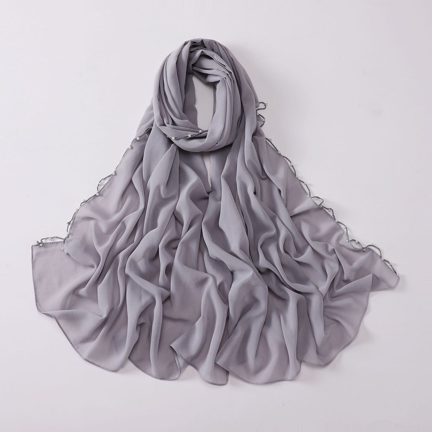 Solid Colour Pearl Chiffon Scarf Wavy Edge Beaded Scarf Ethnic Scarf Malay Headscarf Middle East and African Hijab