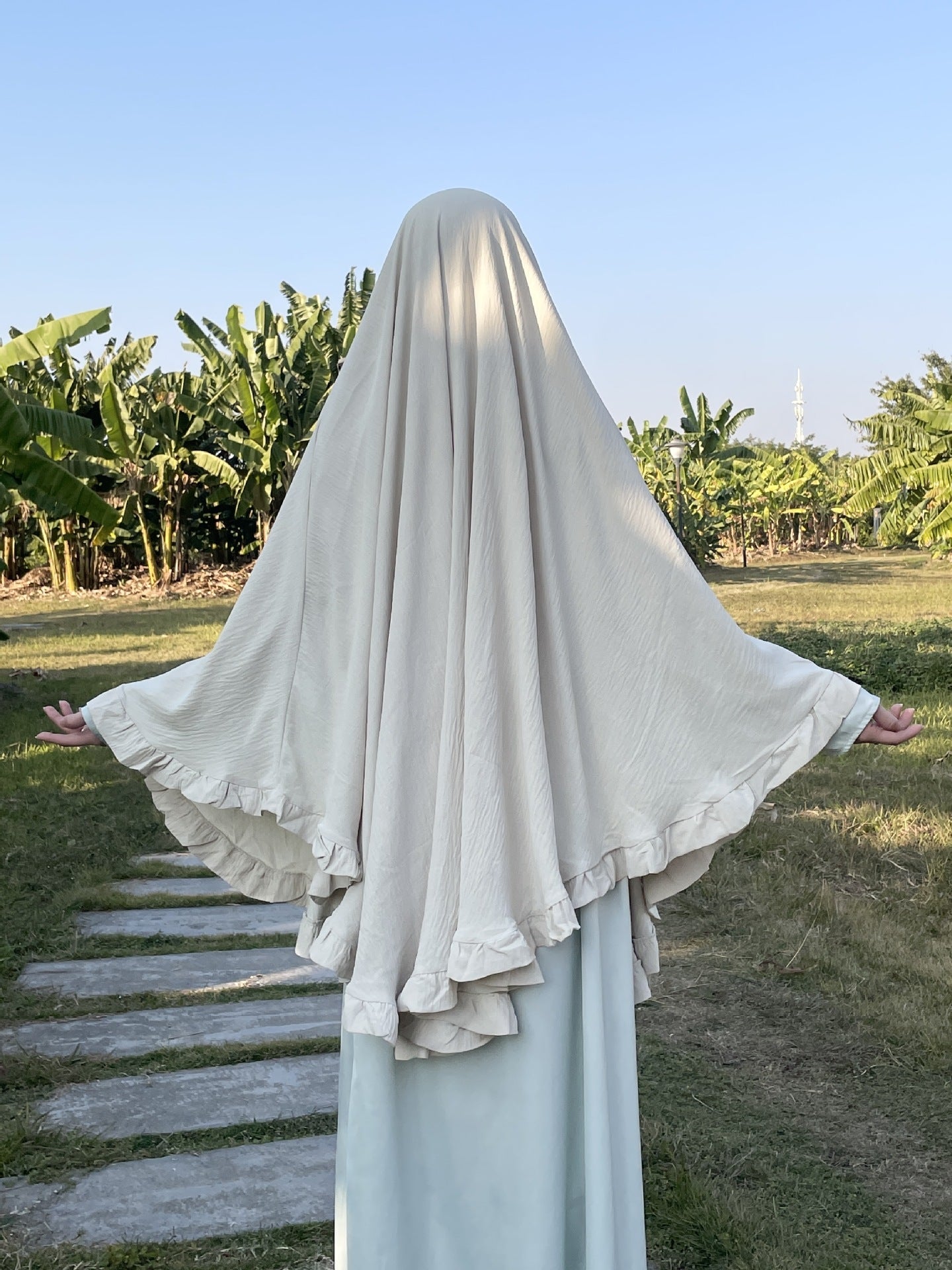 Solid Colour Ruffles Swing Headscarf - Beige / Free Size - Scarf