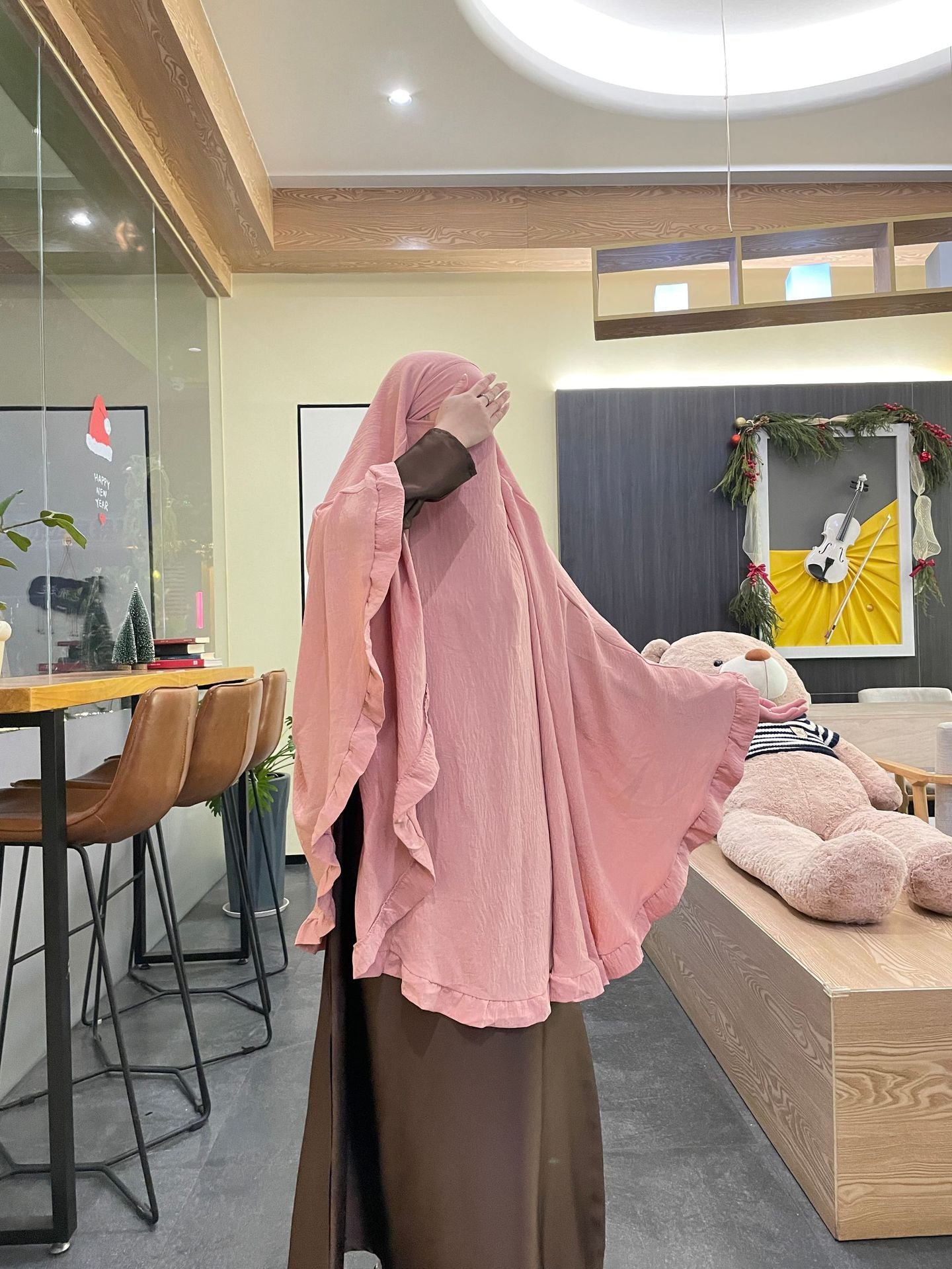 Solid Colour Ruffles Swing Headscarf - Pink / Free Size - Scarf