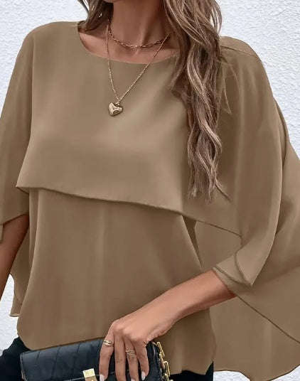 Solid Layered Cloak Sleeve Blouse - Khaki / 2XL - top