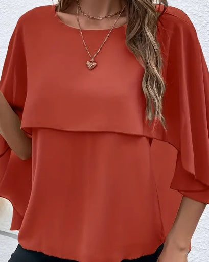 Solid Layered Cloak Sleeve Blouse - Red Orange / 2XL - top
