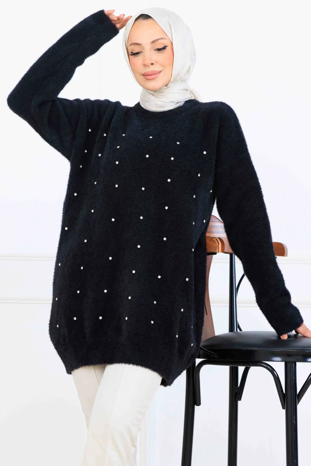 Stone-Detail Knit Tunic in Black – NEOMODEST, image 3