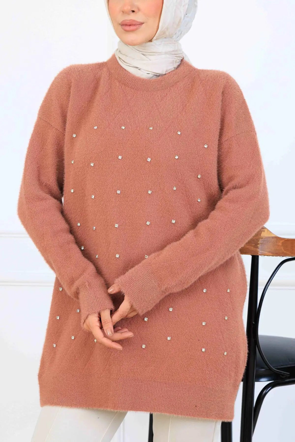 Stone-Detail Knit Tunic in Rose – NEOMODEST, image 2