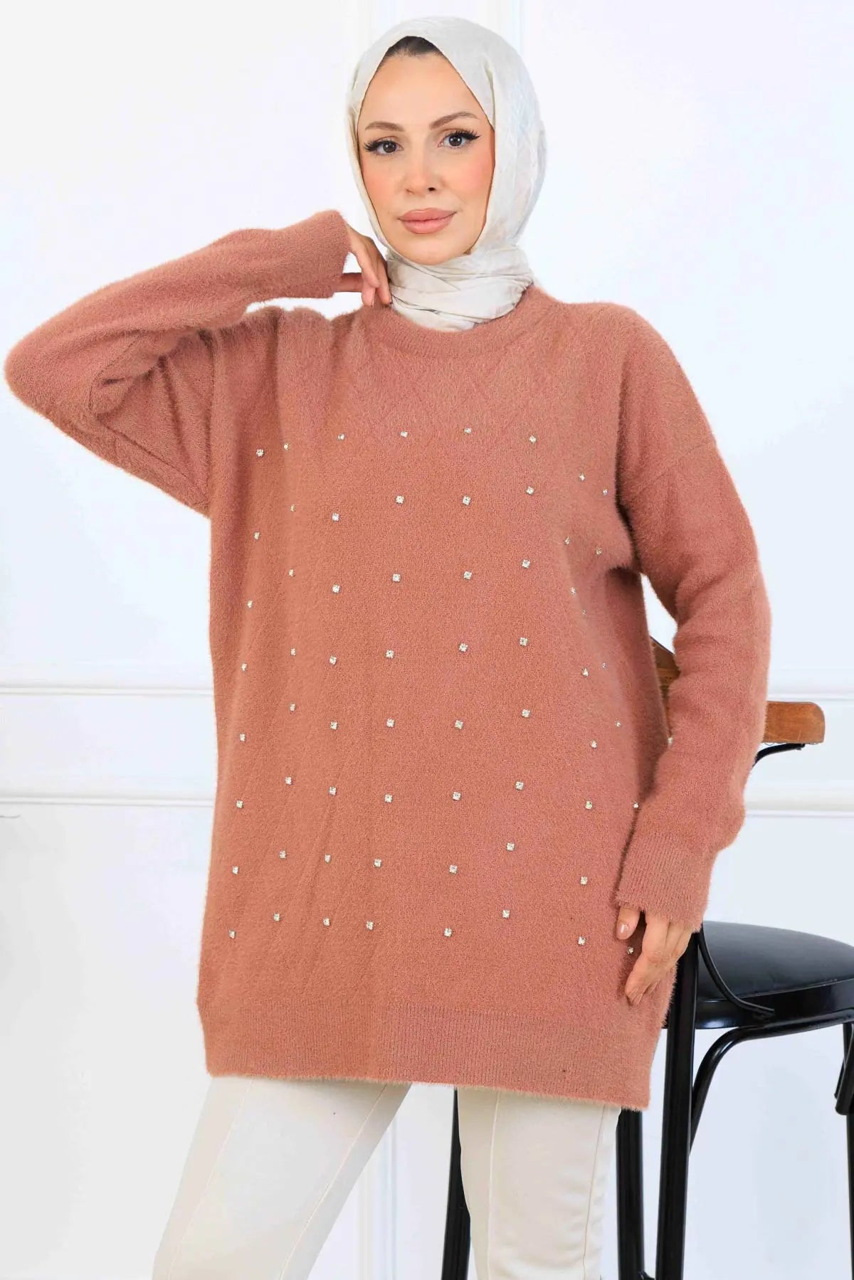 Stone-Detail Knit Tunic in Rose – NEOMODEST, image 3