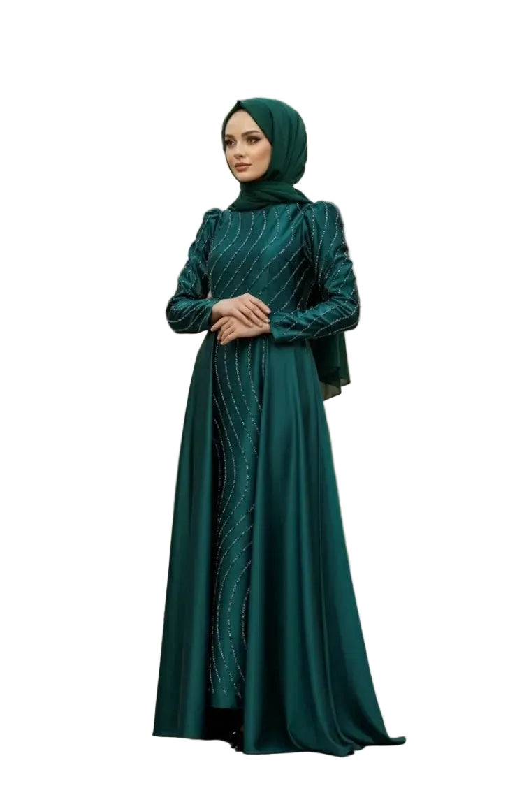 Mec Stone Detailed Satin Evening Dress Emerald Green